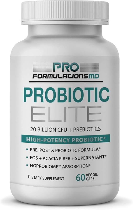 Probiotic Elite – Synbiotic with FOS + Supernatant – 60 vcaps – Pre, Post & Probiotic Digestive Support with 20 Billion CFU, FOS, Acacia Fiber & Freeze – Dried Culture Powder