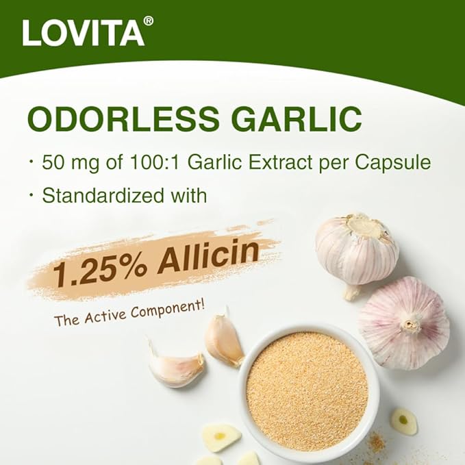 Lovita Odorless Garlic Extract, 50mg 100:1 Concentrate, High Potency, 1.25% Allicin, Gluten-Free, Supports Immune & Cardiovascular Health, 60 Vegan Capsules, 2 Month Supply