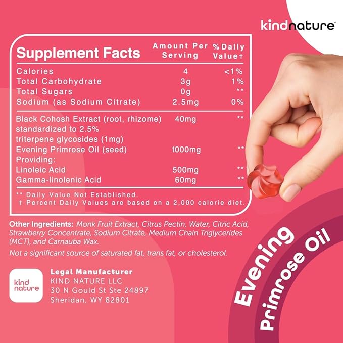 Kind Nature Evening Primrose Oil Gummies for Women – 1000mg with Black Cohosh Extract – Hormonal Balance, PMS & Menopause Support – Vegan, Sugar-Free, Non-GMO