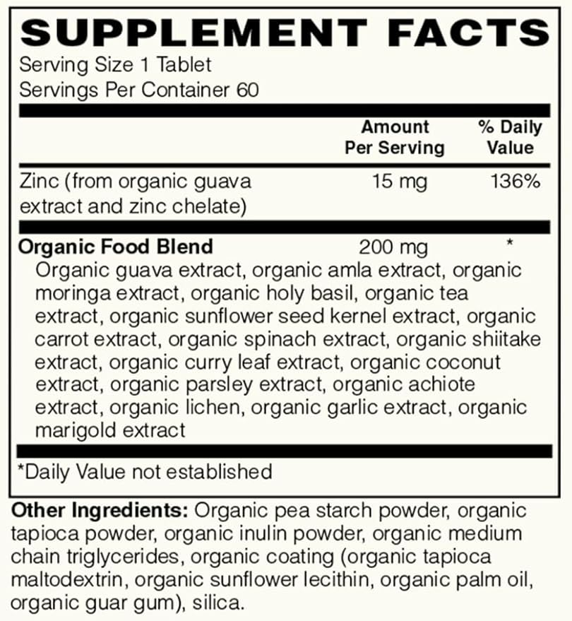 Zinc | 15mg Certified Organic Zinc from Guava with 200mg Organic Whole Food Blend | 16 Organic Fruits, Vegetables & Mushrooms | 60 Vegan Tablets