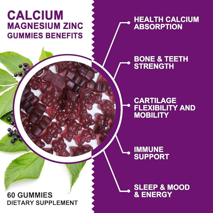 Calcium Magnesium Zinc Gummies with High Absorption Magnesium Glycinate Potassium - Plant Complex Calcium Magnesium 2:1 Ratio, with D3 Sea Moss for Bone, Muscles, Immune & Sleep Support, Vegan-2 Pack