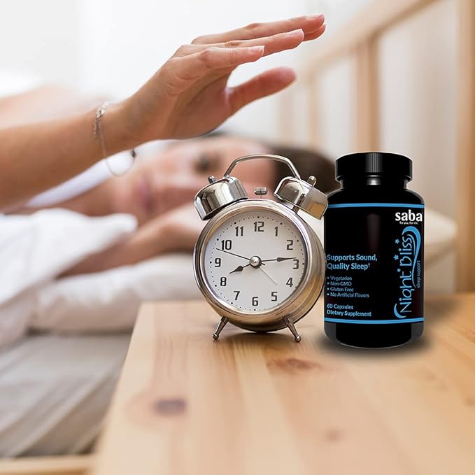 Saba Night Bliss Natural Sleep Aid | Non-Habit Forming | Sleep Supplement for Longer Sleep & Stress Relief w/Magnesium, Melatonin, GABA, Chamomile, & Valerian (60 Vegan Capsules, 30 Day Supply)