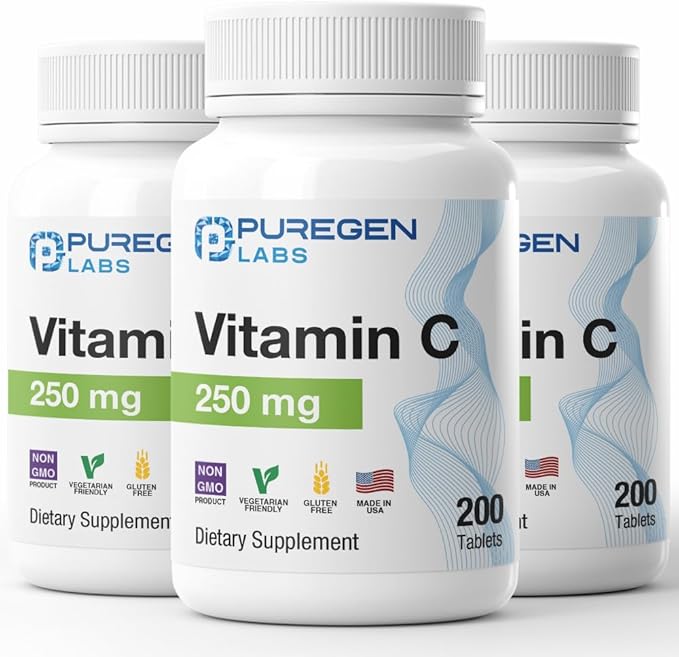 Puregen Labs Vitamin C 250 MG - Total 600 Tablets Supports a Healthy Immune System & Antioxidant Protection | Non-GMO | Gluten Free | Made in USA - 3 Pack