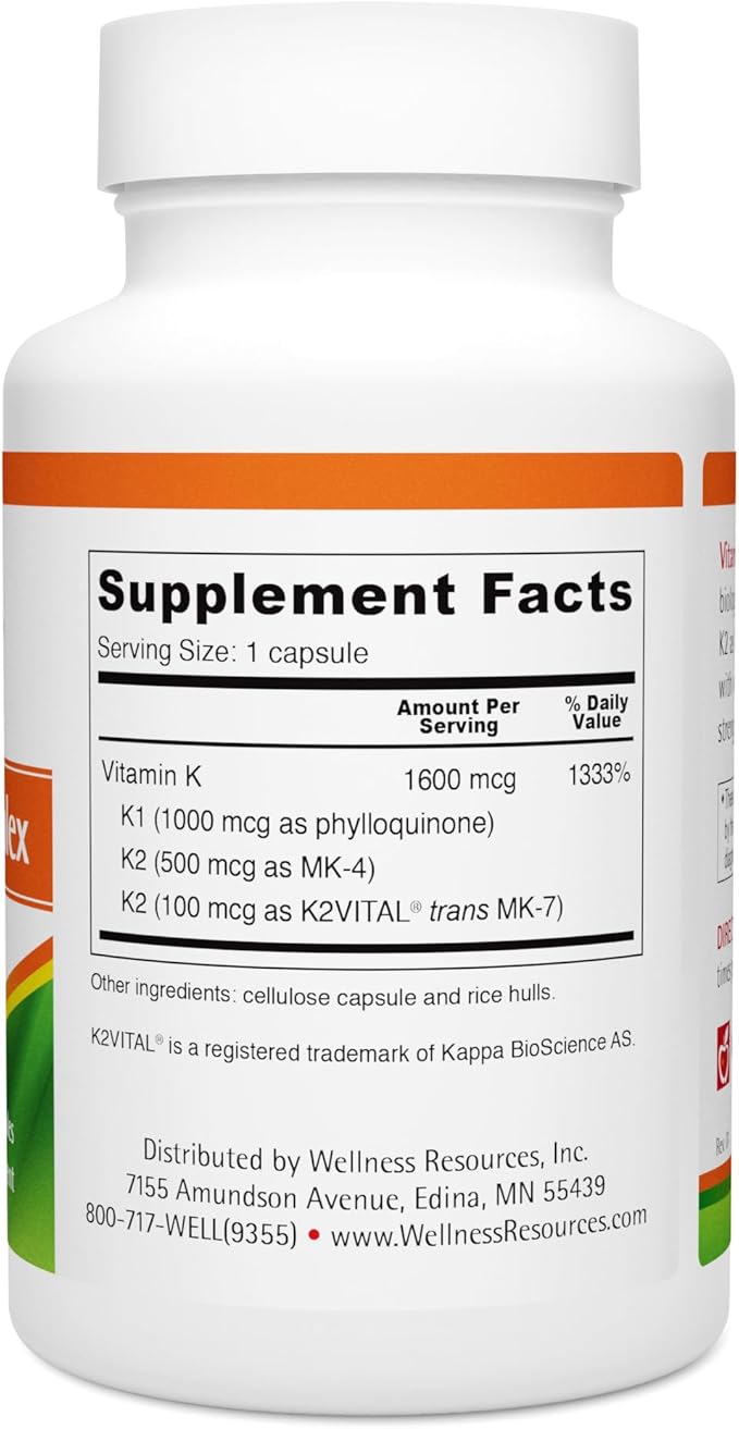 Wellness Resources Vitamin K Complex Supplement - 600 mcg Vitamin K2 (as MK-4 and Trans MK-7) and 1000 mcg K1- Bone Strength and Heart Health - K2 Vitamin Supplement - 90 Capsules Non-GMO