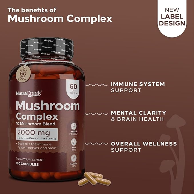 Mushroom Complex | Cordyceps Mushroom, Reishi, Shiitake, Maitake and Lions Mane Supplement. A 10-Mushroom Supplement to Support Your Mind and Body | 180 Mushroom Capsules