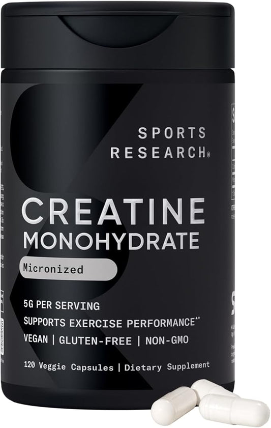 Sports Research® Creatine Monohydrate Capsules - May Support Workout Recovery, Lean Muscle gain, Performance and Strength* - Non-GMO, Vegan Certified - 5g per Servings - 30 Servings