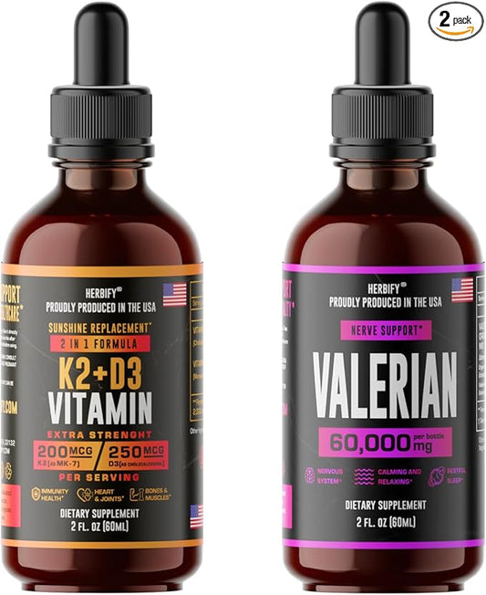 HERBIFY Bundle - K2 and D3 Drops & Valerian Root Tincture - Bone Strength & Nervous System Support