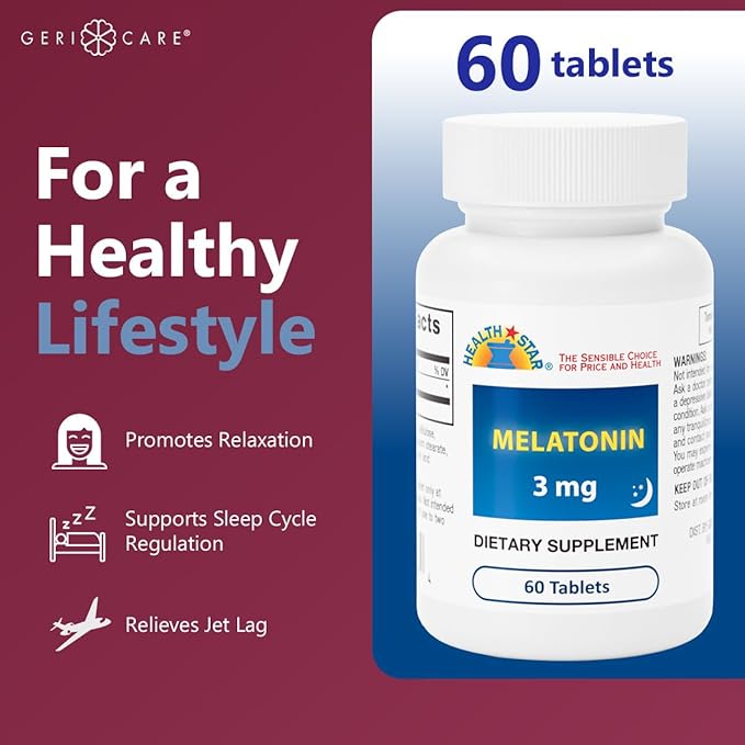 GeriCare Melatonin 3mg Tablets, Balances Nighttime Routine - Helps Adjust to Changing Schedules - Promotes Restful Evenings – Easy-to-Take Tablets, 60 Count (Pack of 1)