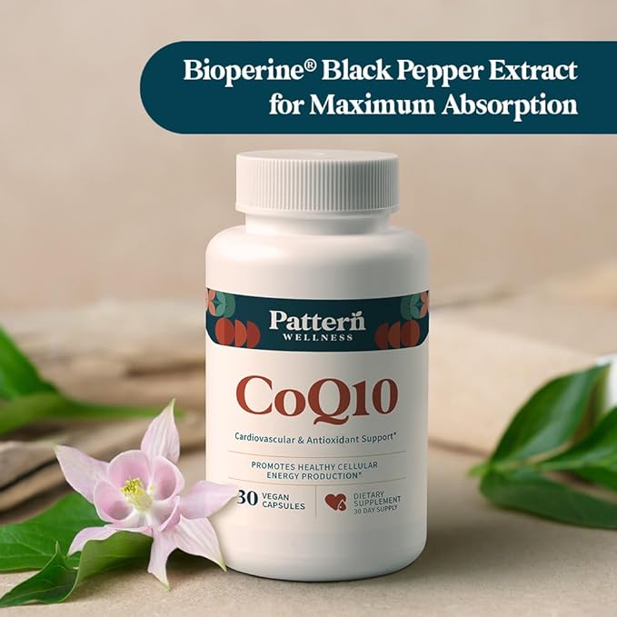 Pattern Wellness CoQ10-200mg Ubiquinone with Bioperine Black Pepper Extract - Cardiovascular & Cellular Energy Production Support - Non-GMO - 30 Vegan Capsules