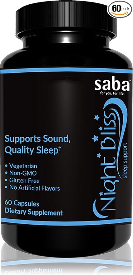 Saba Night Bliss Natural Sleep Aid | Non-Habit Forming | Sleep Supplement for Longer Sleep & Stress Relief w/Magnesium, Melatonin, GABA, Chamomile, & Valerian (60 Vegan Capsules, 30 Day Supply)