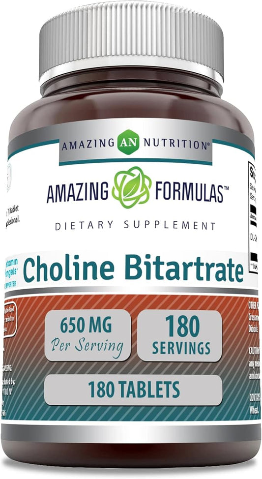 Amazing Formulas Choline Bitartrate Supplement | 650 Mg | 180 Tablets | Non-GMO | Gluten-Free | Made in USA