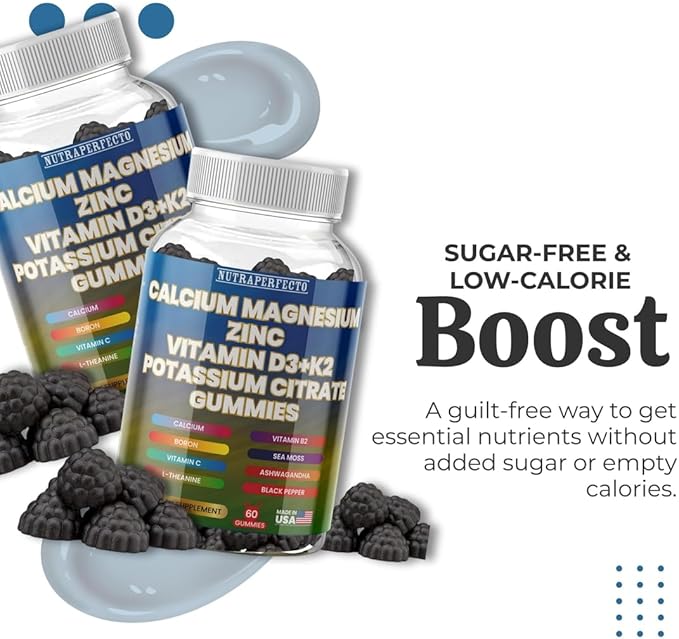 Sugar Free Calcium Gummies for Kids & Adults Citrate Magnesium Glycinate Potassium Vitamin D3 K2 B2 B6 C Irish Sea Moss Ashwaghanda L-Theanine Boron Zinc Gummies for Muscles, Cellular Energy
