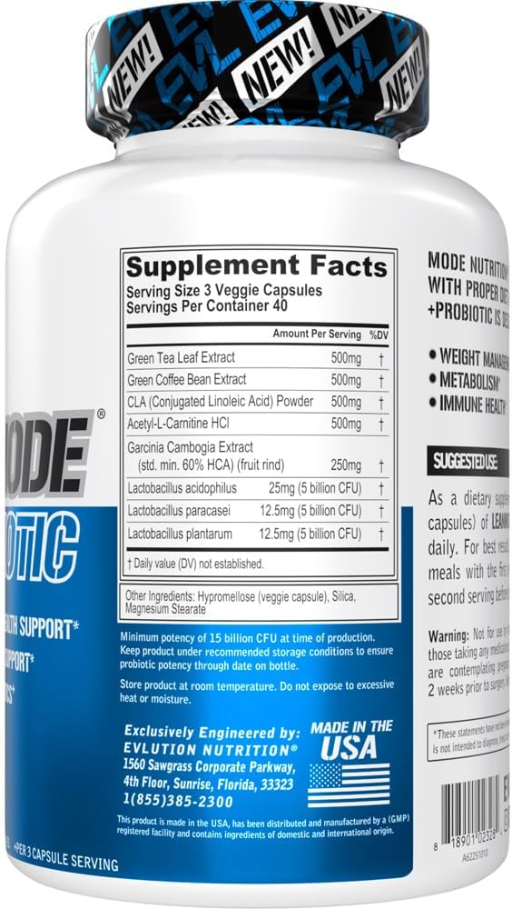 Evlution Nutrition Leanmode + Probiotic, Advanced Probiotic Capsule Supplement, 15 Billion CFUs per Serving, Digestive Support & Gut Health (40 Servings)