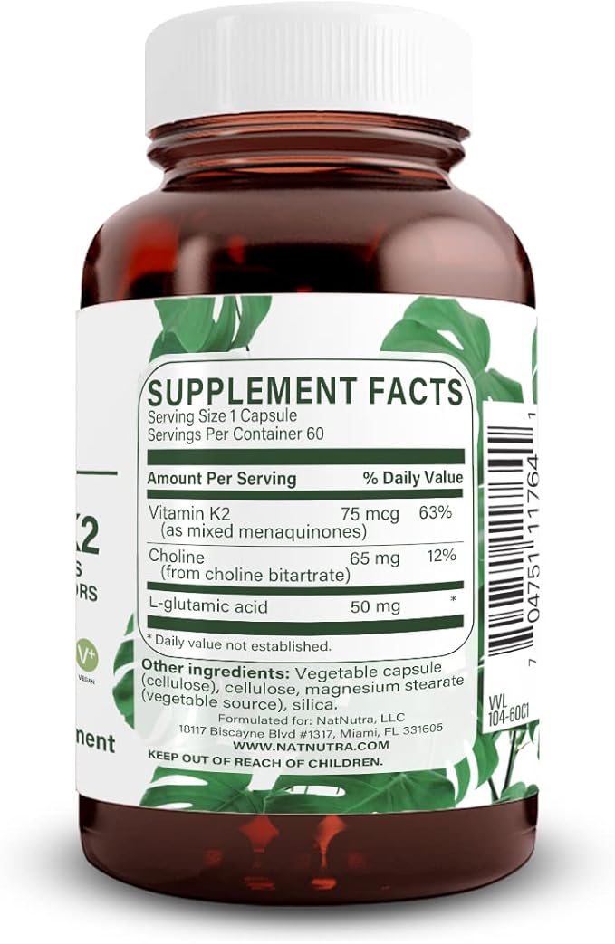 Natural Nutra Full Spectrum Vitamin K2 Supplement, Support Cardiovascular Health, Helps Promotes Bone Health, Support Calcium Metabolism, Liver Function, Improve Dental Health, 75 mcg 60 Capsules