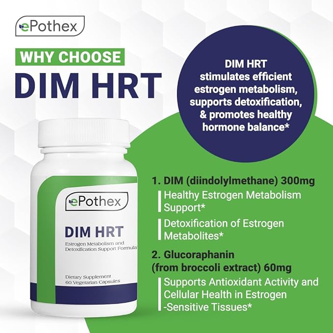 DIM HRT - Estrogen Metabolism + Detoxification Support Formula for Men and Women | DIM + SGS TrueBroc | Hormone Balance, Menopause, Hot Flashes Relief | Gluten-Free, Non-GMO | 60 Capsules