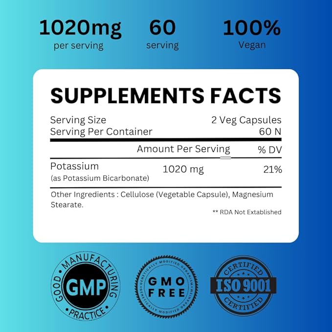 Potassium Supplement 1020mg High Absorption Potassium Bicarbonate- 120 Capsules Supports Electrolyte Balance, Kidney and Bone Health