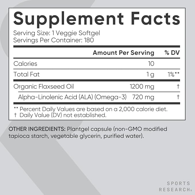 Sports Research Vegan Flaxseed Oil (1200mg) Herbal Supplement with Plant-Based ALA Omega 3 - Vegan Certified & Non-GMO Verified - Gluten, Soy & Carrageenan Free (180 Veggie Softgels)