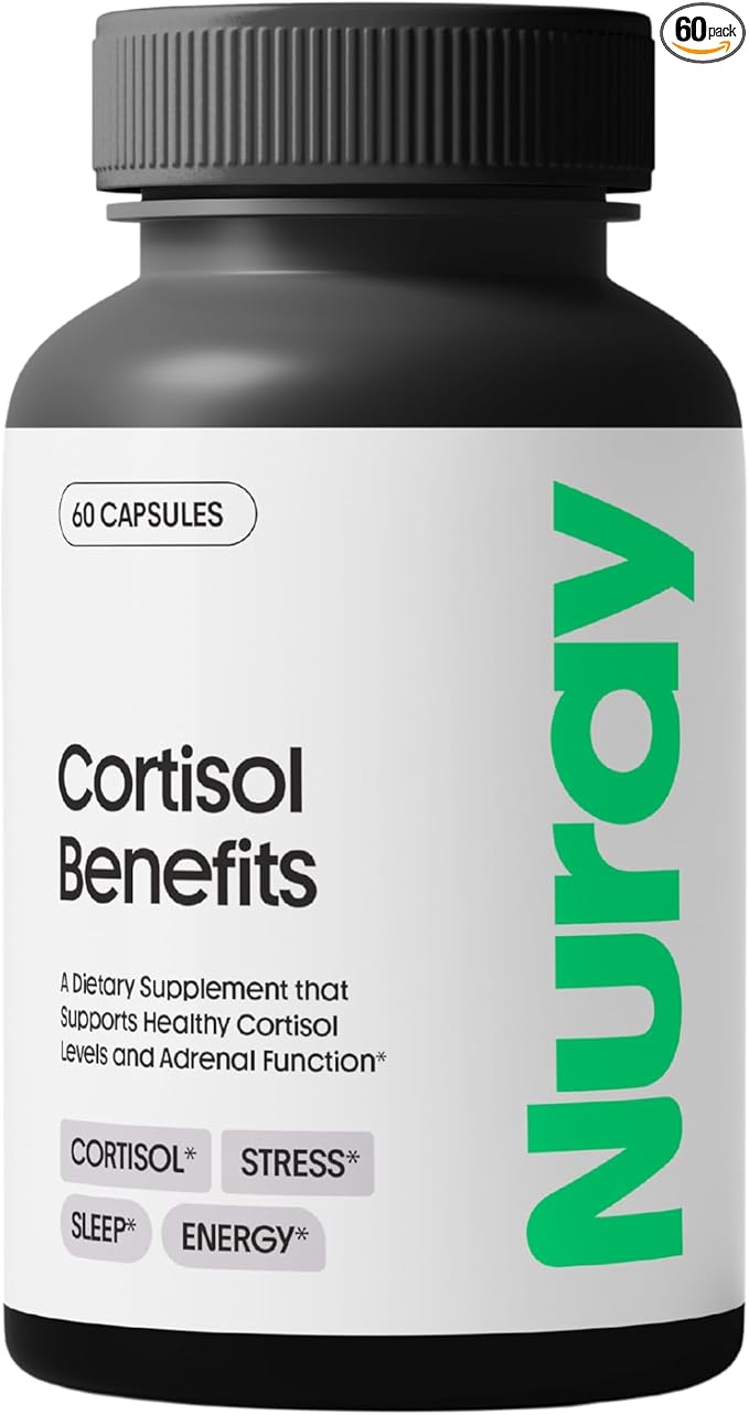 Nuray Cortisol Benefits Supplement - Adrenal Support with Rhodiola Rosea Supplement, Ashwaghanda - Gluten-Free, Vegetarian, Promotes Energy - 60 Capsules