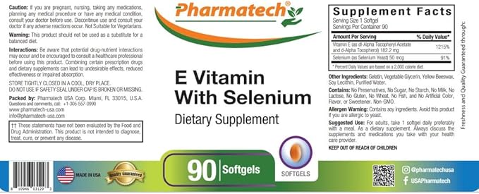 Vitamin E as dl-Tocopheryl Acetate and d-Alpha-Tocopherol Plus Selenium, Antioxidant Supplement, Immune Support, Supports Healthy Skin, Gluten-Free, Non-GMO, 90 softgels Made in USA