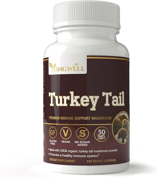 Turkey Tail Mushroom, Natural Immune Support, Wellness, & Vitality | Vegan, Gluten Free (100 Veggie Capsules / 50 Days Supply)
