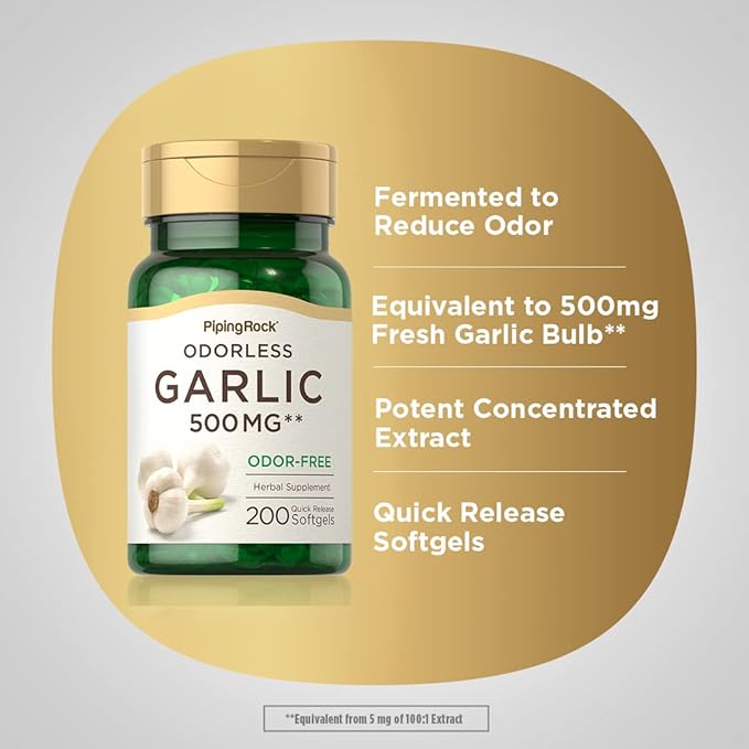 Piping Rock Odorless Garlic Softgels | 500mg | 200 Pills | Herbal Extract Supplement | Odor-Free, Non-GMO, Gluten Free