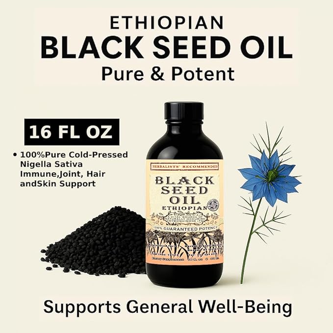 Ethiopian Black Seed Oil 16oz โ Extra Strength 3x Thymoquinone โ 100% Pure Cold-Pressed Nigella Sativa โ Immune, Joint, Hair and Skin Support