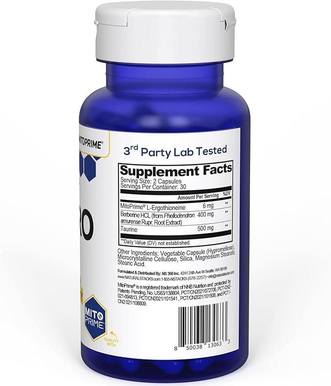 NeuroLife Longevity Supplement - 500mg Taurine & 400mg Berberine Supplement - Clinically Tested MitoPrime L-Ergothioneine - Brain Support for Cognitive Vitality - 60 Berberine Capsules