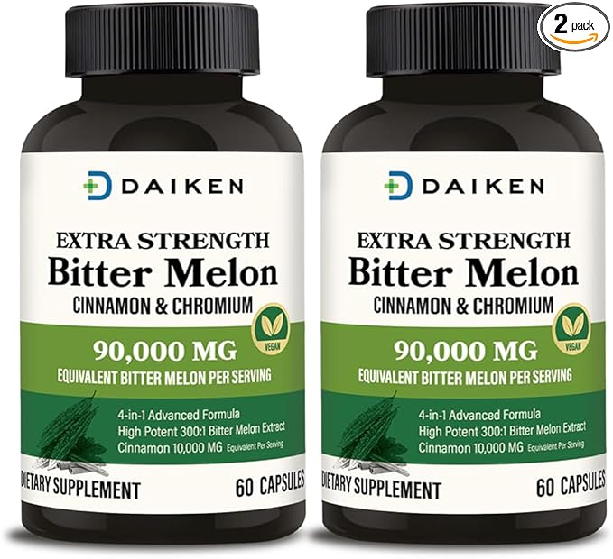 DAIKEN Bitter Melon, Cinnamon & Chromium, 90,000 mg Equivalent Per Serving Extra Strength, 100% Vegetarian Bitter Melon Capsules with Cinnamon Chromium & Zinc, 60 Capsules (Pack of 2)