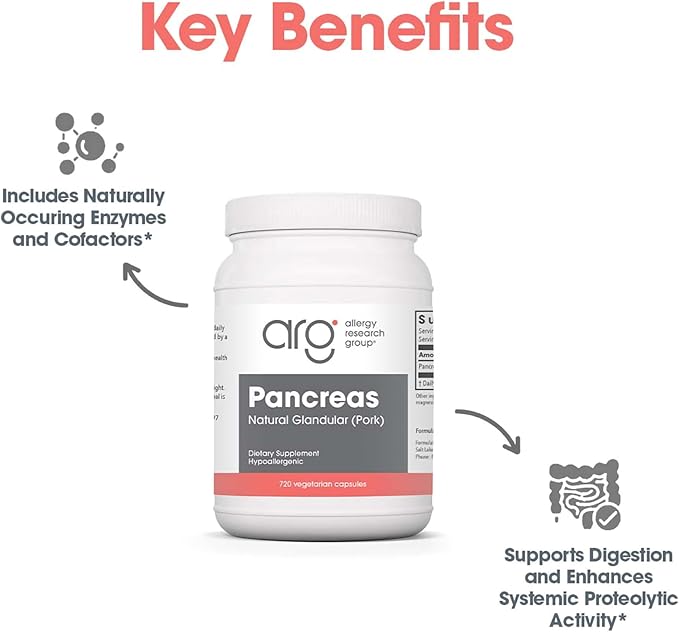Allergy Research Group Pancreas Dietary Supplement - Digestive Support, Natural Glandur (Pork), Hypoallergenic, Vegetarian Capsules, Gluten Free - 720 Count