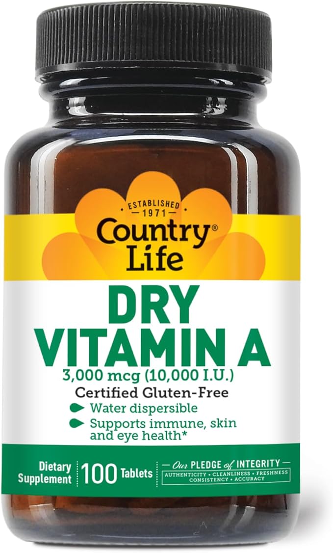 Country Life Vitamin A 10,000 IU - Immune Support, Skin & Eye Health Supplement, Certified Gluten-Free, Vegan, Halal, Kosher, 50% Beta-Carotene & 50% Retinyl Palmitate, Easy Absorption - 100 Softgels