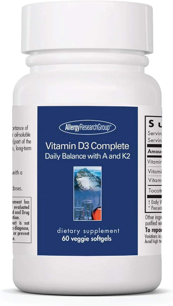 Allergy Research Group Vitamin D3 Complete - Vitamin D3 and K2 Supplement, Daily Balance, with Vitamin A, DeltaGold Tocotrienols, High Potency, Veggie Softgels - 60 Count
