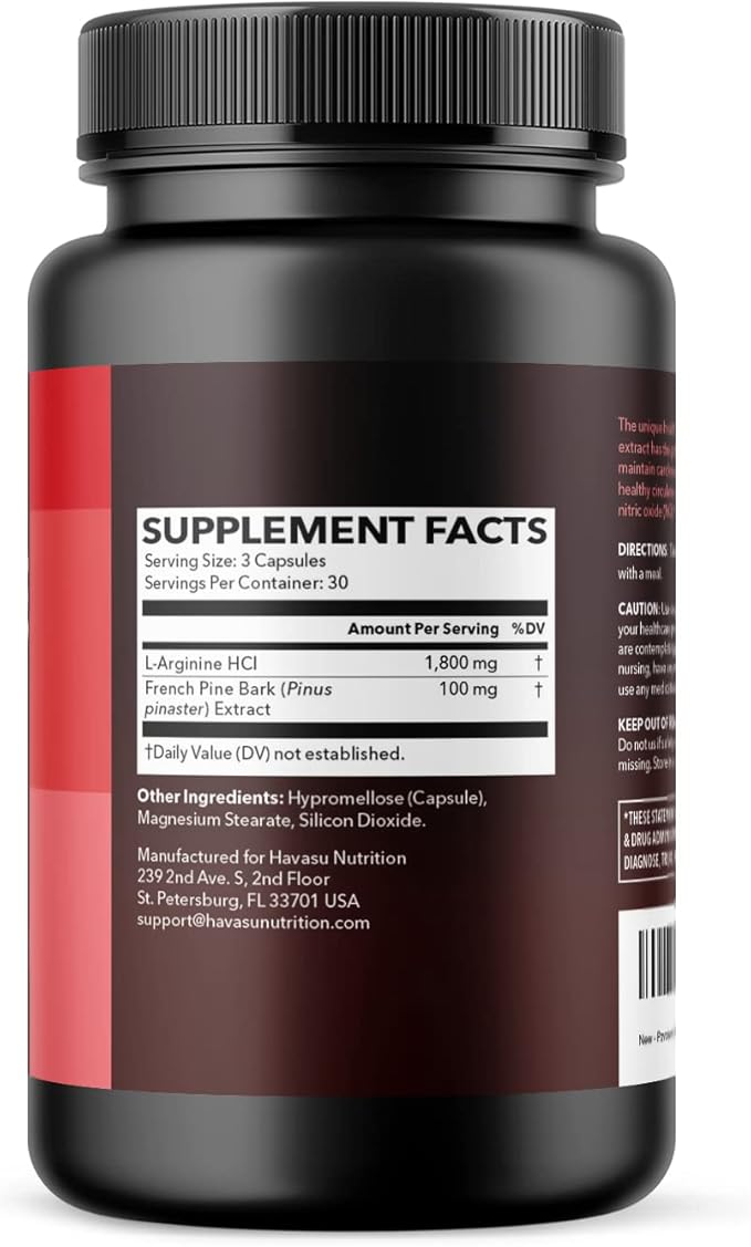 L-Arginine 1800mg and Pine Bark Extract 100mg - Nitric Oxide Supplement for Men - Performance Supplement for Men's Health - 90 Count - Endurance, Recovery Support - Vegan, Non-GMO Capsules