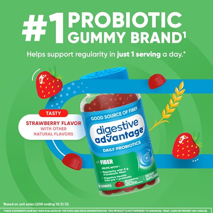 Digestive Advantage Prebiotic Fiber Supplement Strawberry Flavor Gummies with Probiotics for Women & Men Digestive Health, Adults Regularity and Gut Health, 60 Count (2 Pack)
