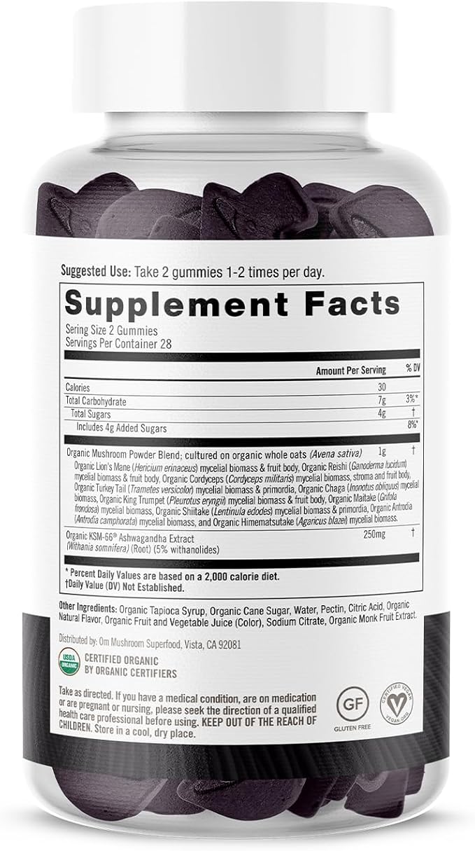 OM MUSHROOM SUPERFOOD Master Blend Mushroom Gummies, 56 Count, 28 Servings, Mixed Berry Flavor with 10 Mushroom Complex for Stress and Vitality