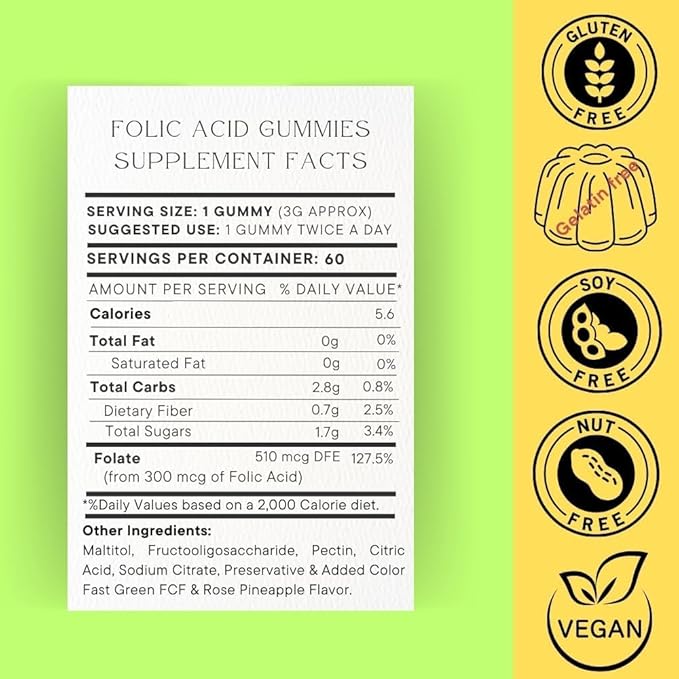 Folic Acid Gummies 300mcg, 60 Count, Supports Building Red Blood Cells, Vitamin B9 Gummies Vegetarian-B9 Vitamin Folic Acid