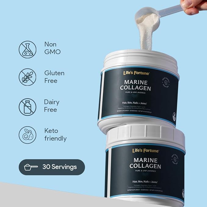 Life’s Fortune Pure Unflavored Marine Collagen Peptide Type 1 Supplement for Hair, Skin, Nails & Joints, 30 Servings Powder