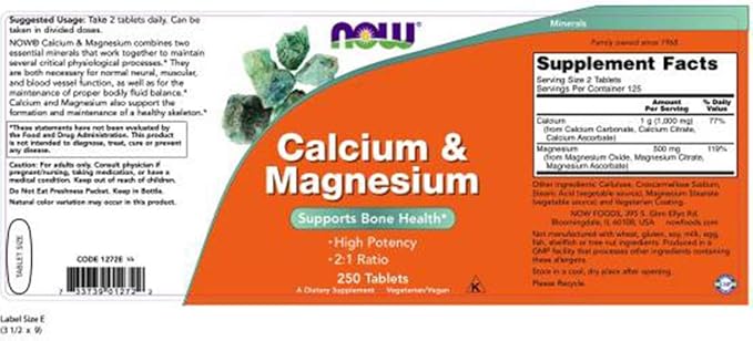 Now Foods Calcium & Magnesium, 250 Tablets (Pack of 2)