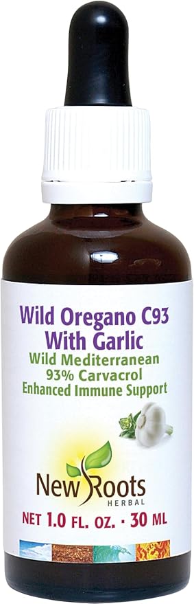 New Roots | Wild Oregano Oil Drops with Garlic (30 ml) | C93 Extra Strength with Highest Concentration Carvacrol (93%), Hand-Picked Mediterranean Oregano Oil Liquid