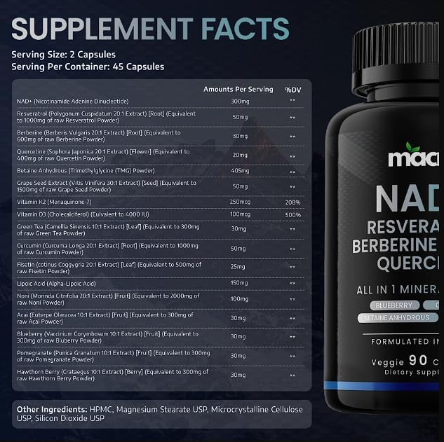 9,355mg NAD Supplement, Boost NAD+ up to 85% with Liposomal NAD+, Trans Resveratrol,Optimized Aging Quercetin, Berberine, Betaine Anhydrous, Fisetin,Resveratrol Supplement with Berberine 90 Capsules.