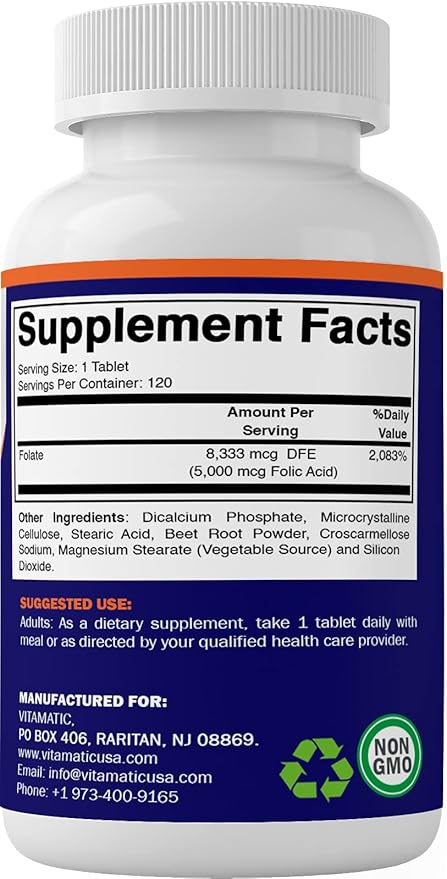 Vitamatic Folic Acid 5mg (5000 mcg) – 120 Vegetarian Tablets per Bottle | Pack of 2 (Total 240 Tablets) Vitamin B9 (Folate) | Supports Heart Health, Brain Function, and Prenatal Wellness