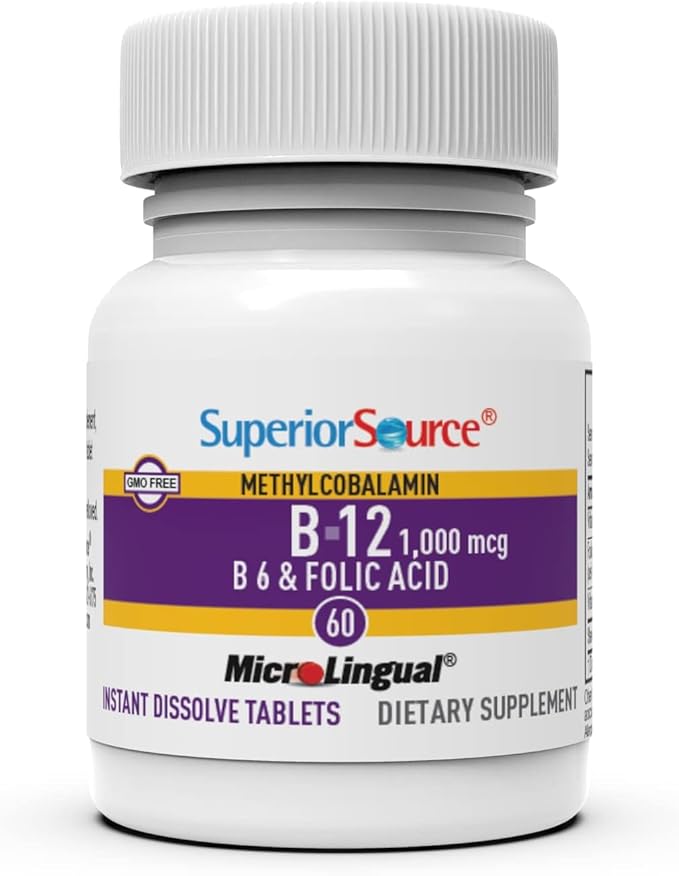 Superior Source No Shot Vitamin B-12 Methylcobalamin 1000 mcg, B-6 & Folic Acid 800 mcg - Supports Brain & Heart Health - Aids Natural Energy Levels - 60 Sublingual Dissolving Tablets