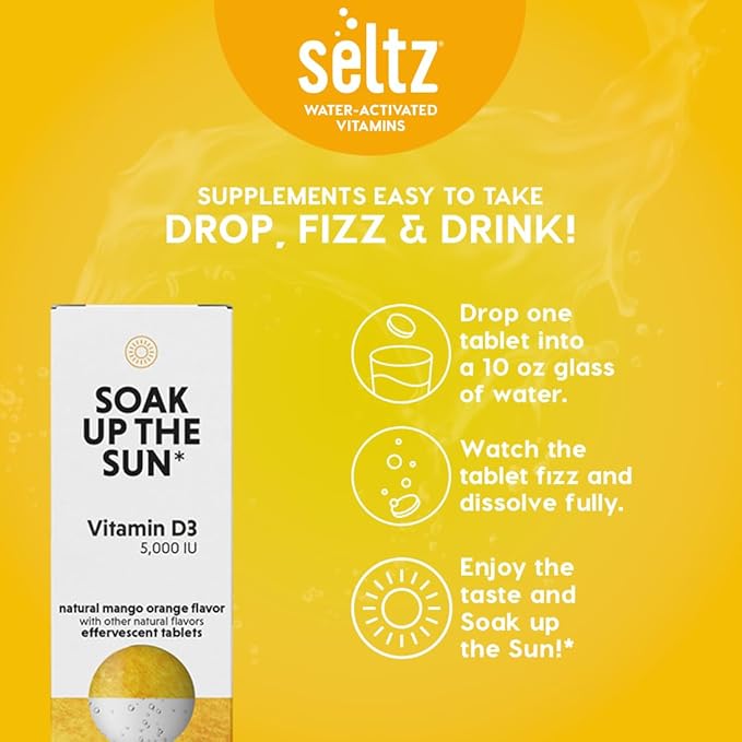 Seltz® Water-Activated Vitamins - Soak up The Sun with Vitamin D3 (5,000 IU) – Natural Mango Orange Flavor Dietary Supplement - 20 Effervescent Tablets