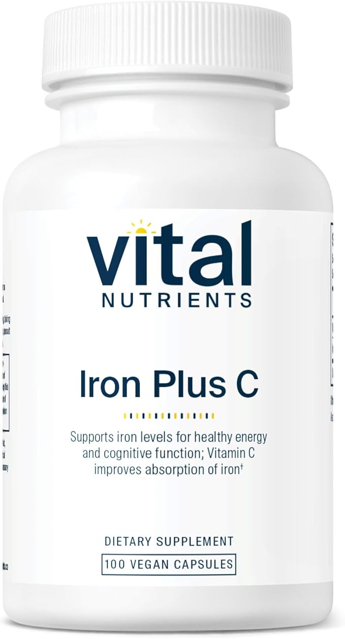 Vital Nutrients Iron Plus C | Vegan Iron Supplement | 20mg Iron with 200mg Vitamin C to Increase Iron and Energy Levels | Gluten, Dairy, Soy Free | Non-GMO | 100 Capsules