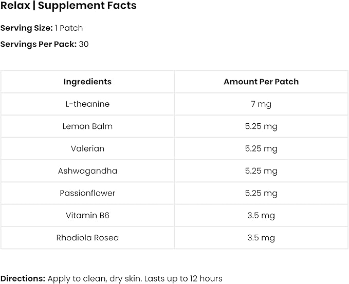 Relax Patches - 30 Topical Stress Relief Patches with Ashwagandha, L-theanine, Lemon Balm, Valerian, Passionflower, Vitamin B6, Rhodiola Rosea | Calming, Relieving, Relaxing