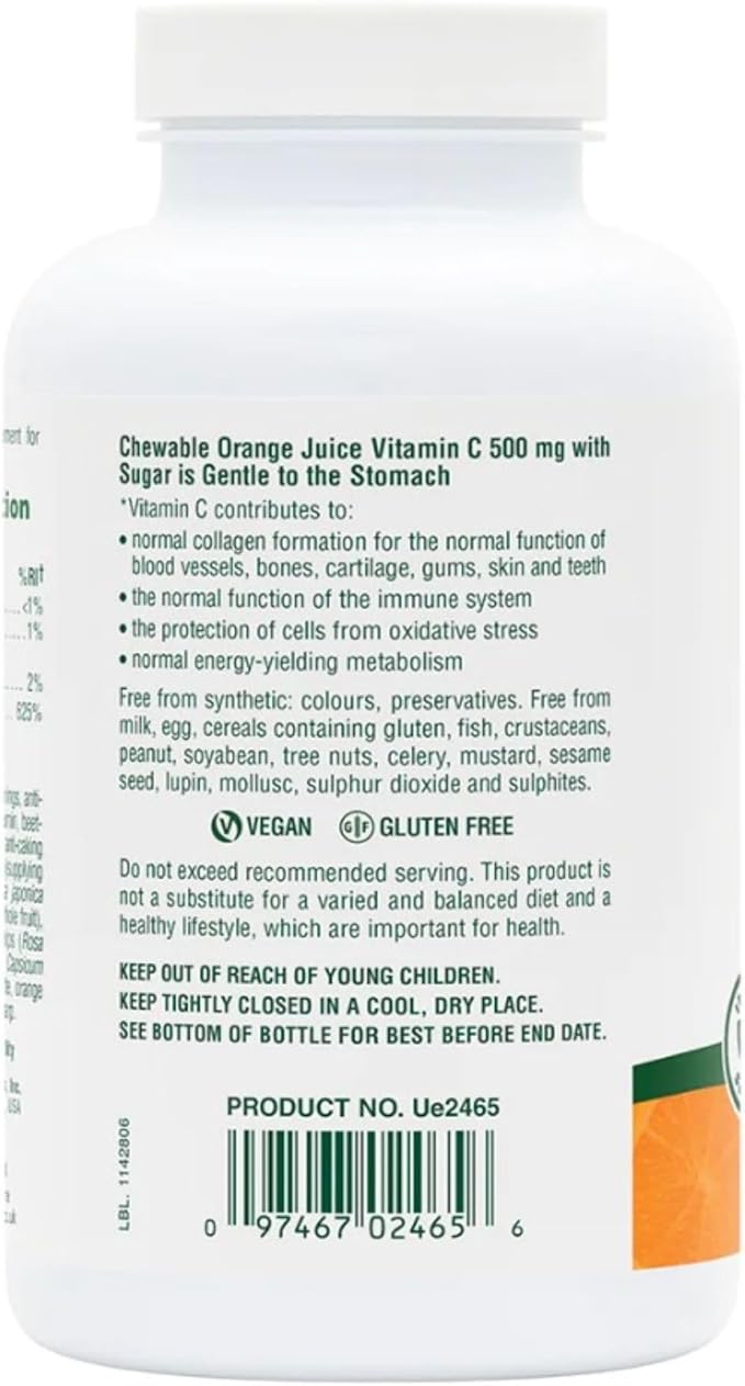 Natures Plus Orange Juice Chewable Vitamin C - 500 mg, 90 Tablets - High Potency Immune & Vascular Health Support Supplement, Antioxidant - Gentle On Stomach - Vegetarian, Gluten-Free - 90 Servings
