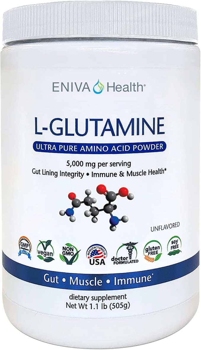 Eniva Health L-Glutamine Pure Powder, Unflavored (101 Servings) | Vegan, Gluten-Free, Sugar-Free, Non-GMO | Doctor-Formulated, USA Made | Gut Health, Leaky Gut, Bloating, Muscle Health, Immune System