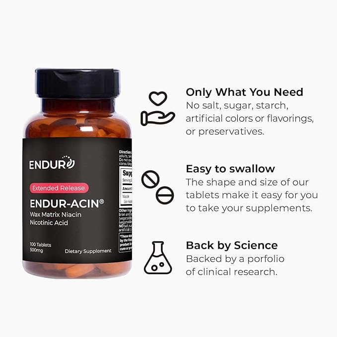 ENDUR-ACIN, Extended Release Niacin for Optimal Absorption & Low-Flush Vitamin B3 Niacin 500mg, Premium Niacin Supplement Made in USA, 100 Tablets