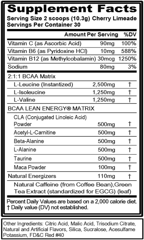 EVL BCAA Lean Energy Powder - Pre Workout Green Tea Fat Burner Support with BCAAs Amino Acids and Clean Energizers - Post Workout Recovery Drink for Lean Muscle Recovery - Cherry Limeade