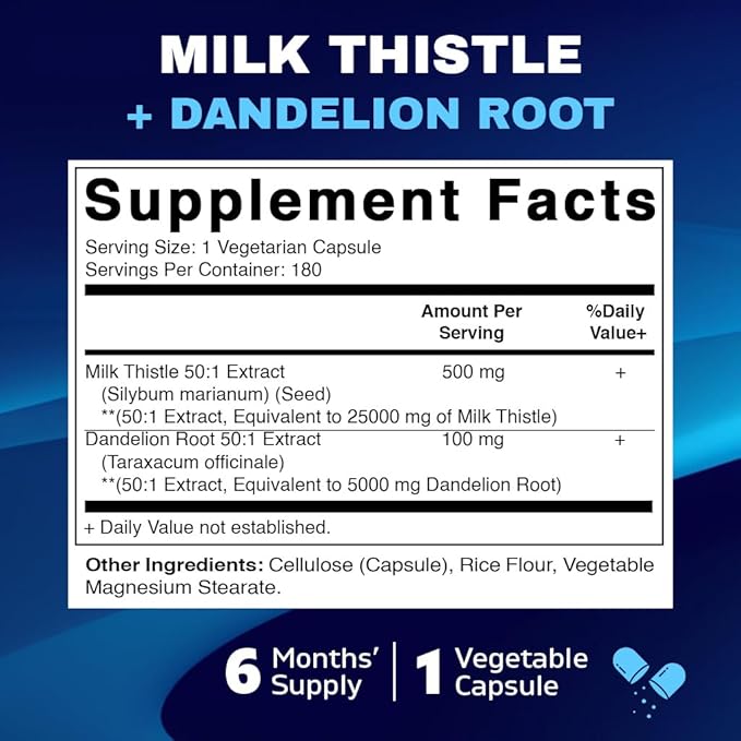 Vitamatic Milk Thistle 50:1 Extract 500mg, Dandelion Root 50:1 Extract 100mg, 180 Vegetarian Capsules, Non-GMO, Gluten Free