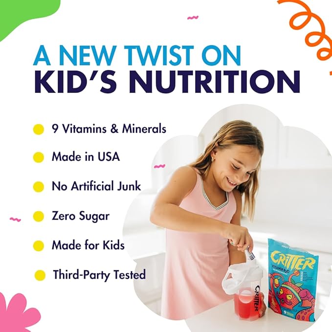 Critter Vitamin H2O – Kids’ Hydration & Multivitamin Drink Mix – Electrolytes, Essential Vitamins, Delicious Natural Flavors – 30 Single-Serve Packets
